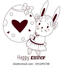 Happy Easter card with Easter bunny. A cute hare girl with a large Easter egg in her paws and bows on her ears. Vector, outline. Cute animal for Happy Easter design