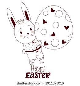 Happy Easter card with Easter bunny. A cute hare boy in pants with a large Easter egg. Vector illustration, outline. Cute animal for Easter design
