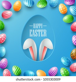 Happy Easter card with bunny ears hiding in egg hole and colorful eggs frames on blue background