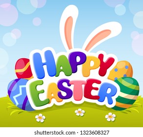 Happy Easter card with Easter bunny ears and Easter eggs