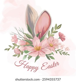 Happy Easter card with bunny ears decorated with pink spring flowers and leaves, festive design for seasonal greetings and holiday decorations