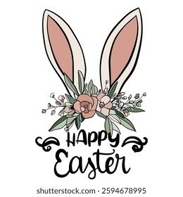 happy easter card with bunny ears and flowers. vector illustration