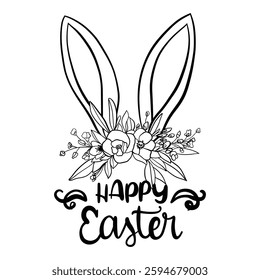 happy easter card with bunny ears and flowers. vector illustration