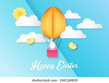 Happy Easter card with Bunny and egg hot air balloon on blue sky, and cloud.paper art style.