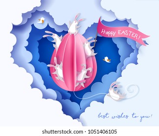 Happy Easter card with bunny and egg air balloon on blue sky background. Vector illustration. Paper cut and craft style.