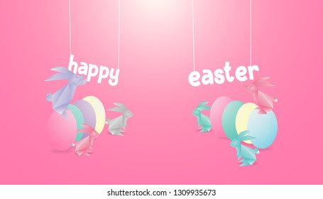 Happy Easter card with bunny and egg on pink background,Vector illustration. Paper cut and craft style