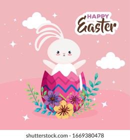 happy easter card with bunny in egg decorated vector illustration design