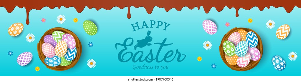 happy easter card with easter bunny and egg set with ornament and chocolate icing. vector illustration of a baner on a blue background.