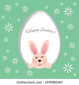 Happy Easter Card with Bunny, Egg and Flowers