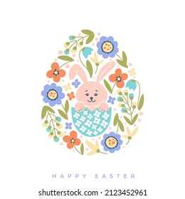 Happy easter card with a bunny in an egg on a background of multi colored flowers