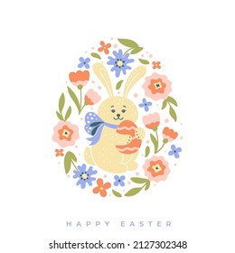Happy easter card with a bunny and egg on a background of multi colored flowers