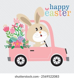 Happy Easter card with bunny, egg s and flowers on the car