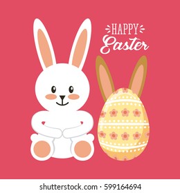 happy easter card with bunny and egg icon over pink background. colorful desing. vector illustration