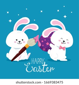tarjeta de Pascua feliz con diseño de ilustración vectorial decorado con conejito y huevos