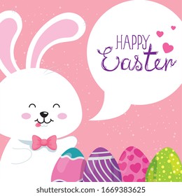 happy easter card with bunny and eggs decorated vector illustration design