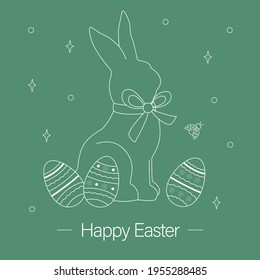 Happy Easter. Easter card. Easter bunny with easter eggs. Ladybug.  Linear art. Vector illustration