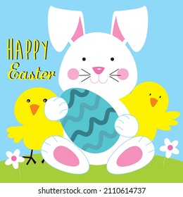 Carta feliz de Pascua con conejito, huevos e ilustración de polluelos