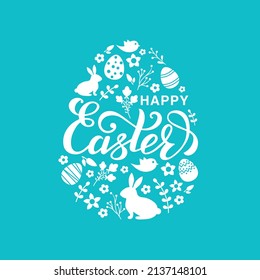 Happy Easter card with bunny, Easter eggs and flowers. happy easter lettering