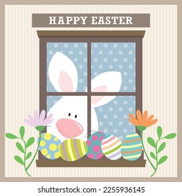 Happy easter card with bunny and eggs on the window