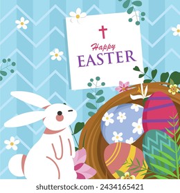 Tarjeta de Pascua Feliz con Conejito, Huevos, Nido y Fondo Decorativo. Ucapan Selamat Paskah 2024. Ilustración vectorial
