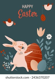 Happy Easter card with bunny and eggs. Easter egg hunt. Vector illustration