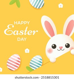 Happy Easter card with bunny, eggs, and flowers