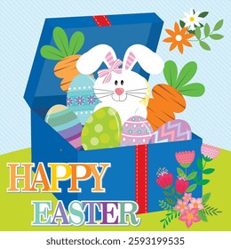 Happy Easter card with bunny, eggs and carrots in the box