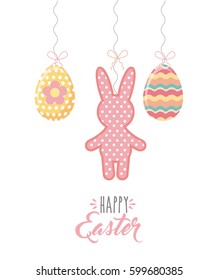 happy easter card with bunny and eggs icon over white background. colorful design. vector illustration