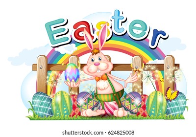 Happy Easter card with bunny and eggs illustration