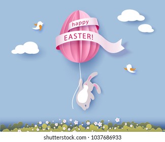 Happy Easter card with bunny, flowers and egg air balloon on blue sky background. Vector illustration. Paper cut and craft style.