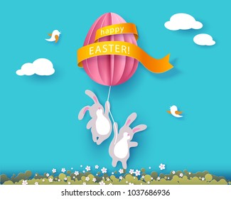 Happy Easter card with bunny, flowers and egg air balloon on blue sky background. Vector illustration. Paper cut and craft style.