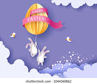 Happy Easter card with bunny, flowers and egg air balloon woth blue sky background. Vector illustration. Paper cut and craft style.