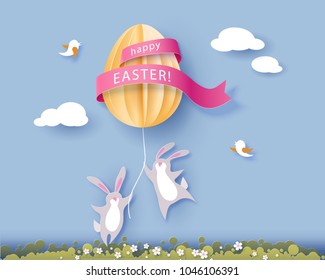 Happy Easter card with bunny, flowers and egg air balloon on blue sky background. Vector illustration. Paper cut and craft style.