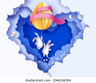 Happy Easter card with bunny, flowers and egg air balloon woth blue sky background. Vector illustration. Paper cut and craft style.