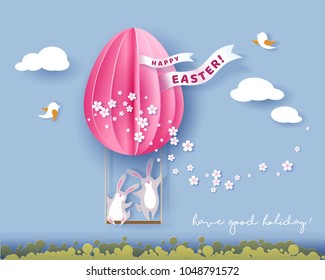 Happy Easter card with bunny, flowers and egg air balloon on blue sky background. Vector illustration. Paper cut and craft style.
