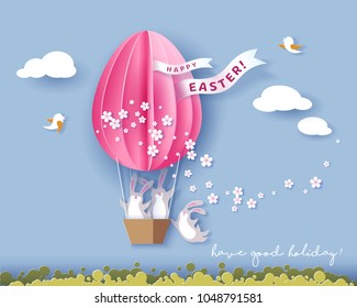 Happy Easter card with bunny, flowers and egg air balloon on blue sky background. Vector illustration. Paper cut and craft style.