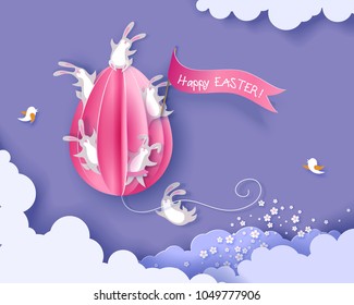 Happy Easter card with bunny, flowers and egg air balloon on purple sky background. Vector illustration. Paper cut and craft style.