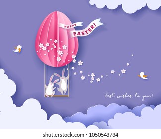 Happy Easter card with bunny, flowers and egg air balloon on purple sky background. Vector illustration. Paper cut and craft style.