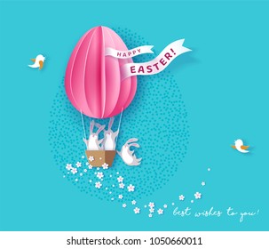Happy Easter card with bunny, flowers and egg air balloon on blue sky background. Vector illustration. Paper cut and craft style.