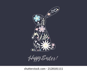 Happy easter card with easter bunny and flowers. Vector background.