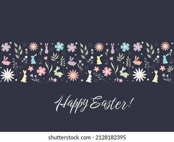 Happy easter card with easter bunny and flowers. Vector background.