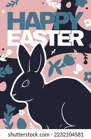 Happy Easter card with bunny, flowers, and eggs. Vector modern bright illustration.