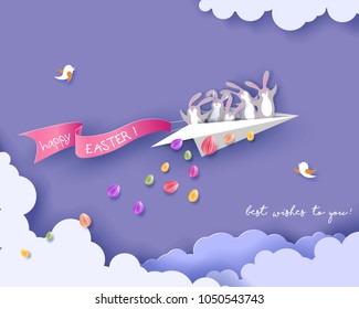 Happy Easter card with bunny flying on paper airplane on purple sky background. Vector illustration. Paper cut and craft style.