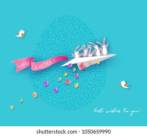 Happy Easter card with bunny flying on paper airplane on blue sky background. Vector illustration. Paper cut and craft style.
