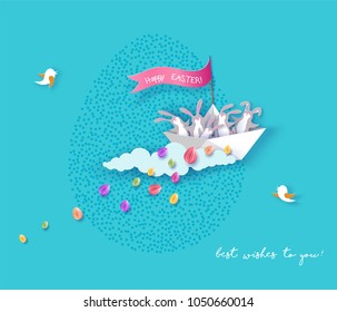 Happy Easter card with bunny flying on paper boat on blue sky background. Vector illustration. Paper cut and craft style.