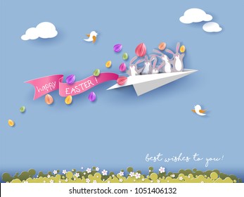 Happy Easter card with bunny flying on paper airplane on blue sky background. Vector illustration. Paper cut and craft style.