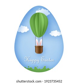 Happy Easter card with bunny flying on green hot air balloon on blue sky background. Vector illustration. Cut paper and craft style.