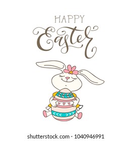 Happy Easter card with bunny girl, easter egg, and hand drawn lettering. Vector illustration