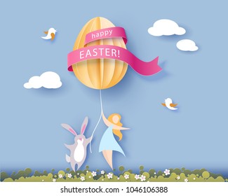 Happy Easter card with bunny, girl, flowers and egg air balloon on blue sky background. Vector illustration. Paper cut and craft style.