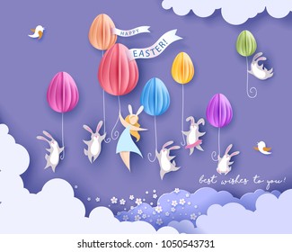 Happy Easter card with bunny, girl, flowers and egg air balloon on purple sky background. Vector illustration. Paper cut and craft style.